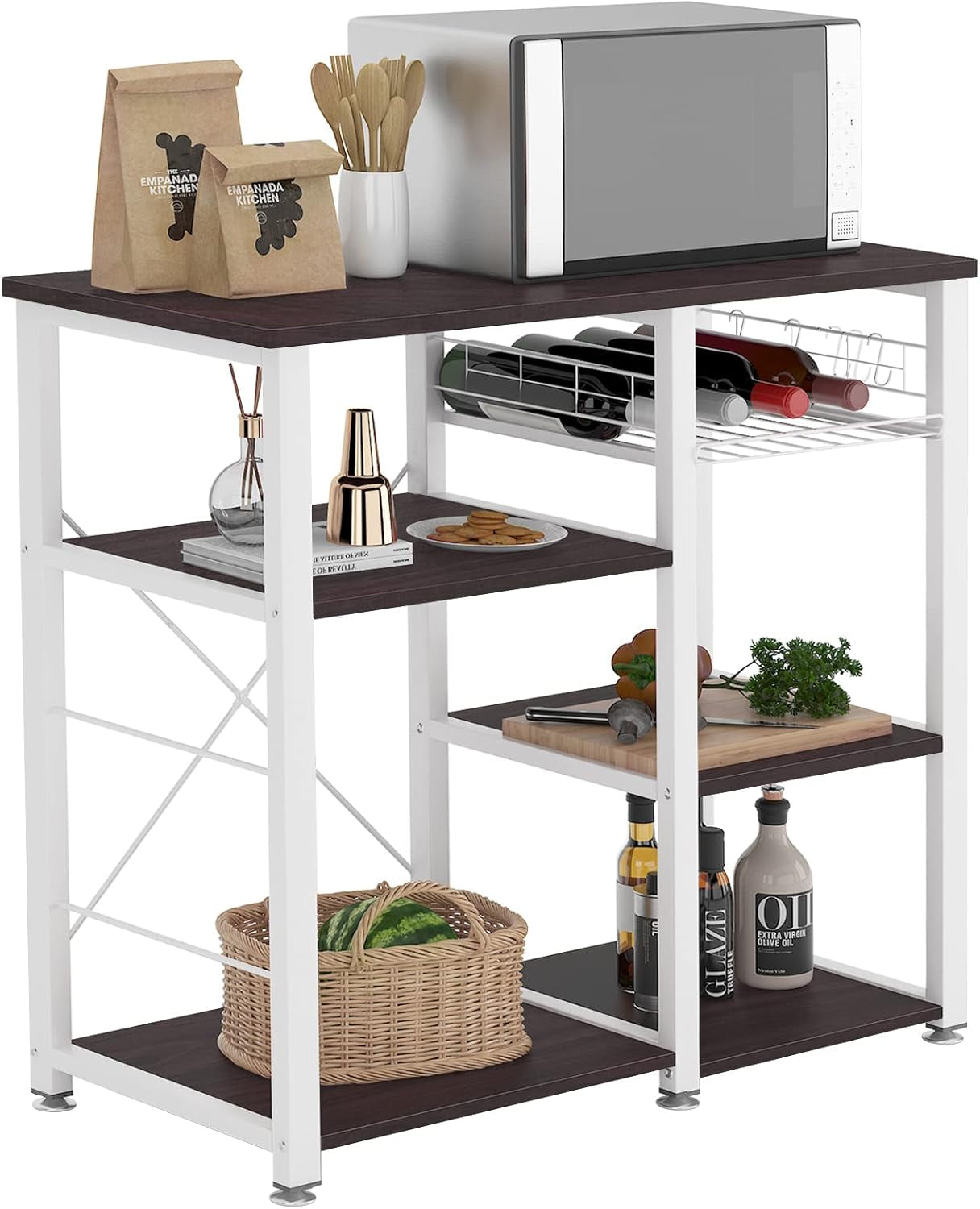 SDHYL Coffee Bar, 35 Inch Bakers Rack Microwave Stand with 5 Storage Shelves Hanging Hooks, Kitchen Shelves Organizers Bakers Racks with Movable Basket, Coffee Station Table for Home Kitchen