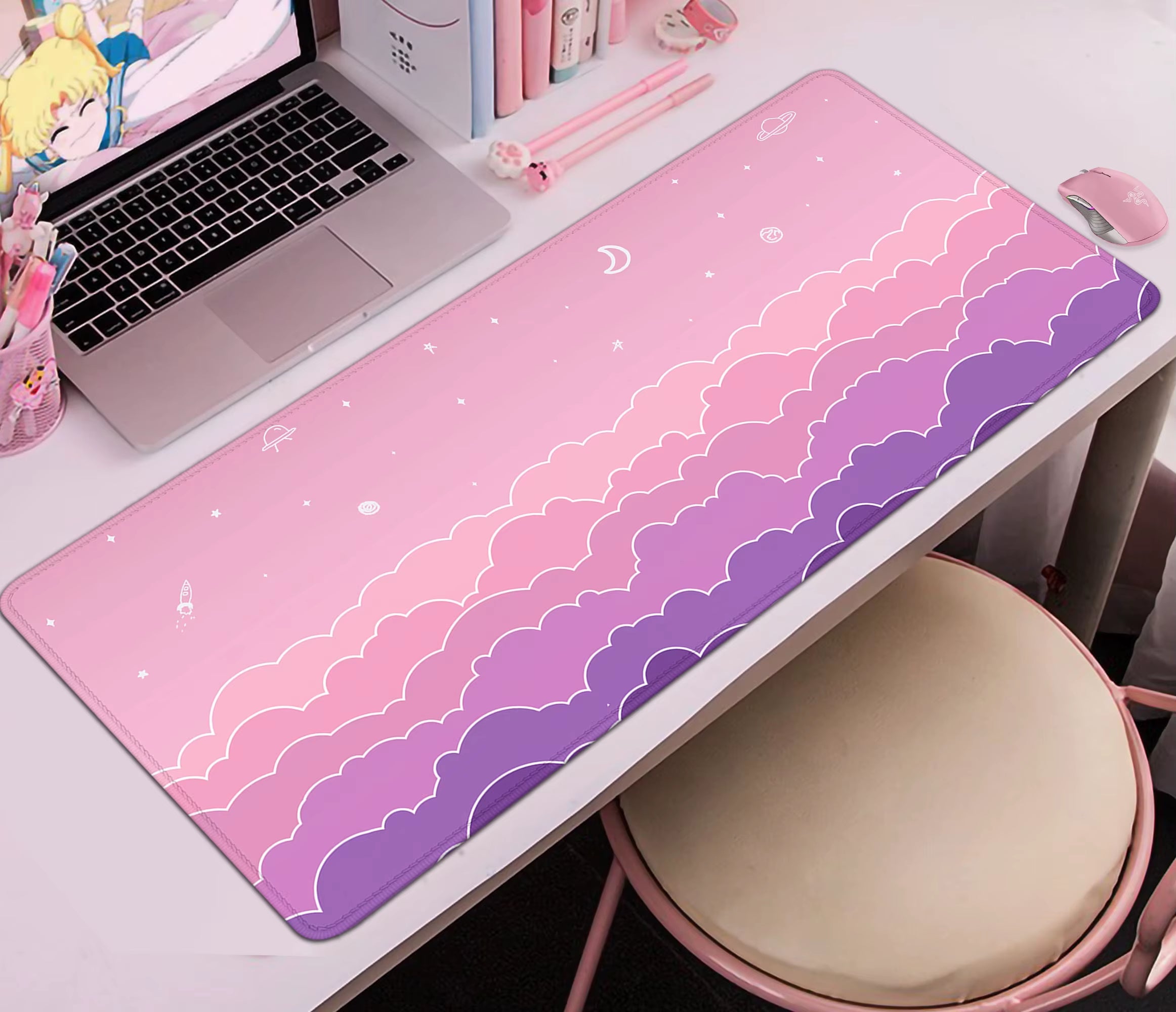 Pastel Clouds Desk Mat Kawaii Purple Mouse Pad Cute XL Desk Pad Extended Gaming Keyboard Mats Large XXL Pink Mousepad 90X40