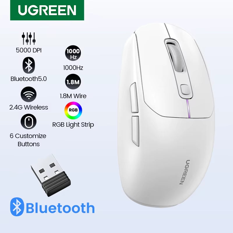 Gaming Mouse 5000DPI Wireless Mouse Bluetooth 5.0 2.4G Wired Rechargeable Gamer Mice 6 Buttons for Macbook Tablet Laptops