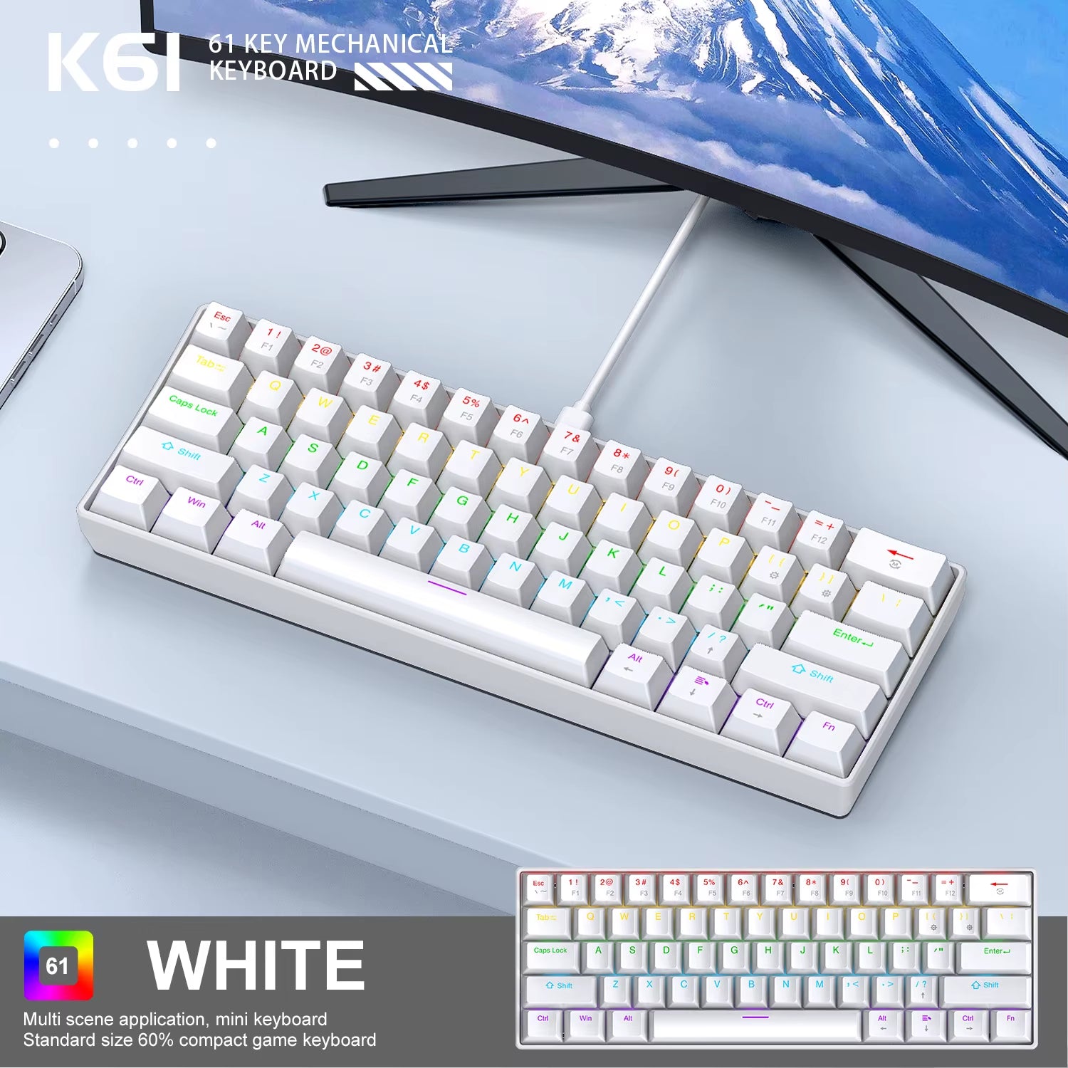 K61 Wired Portable Mechanical Keyboard, Phantom RGB Colorful, Gaming-Grade Response, Ergonomic Design, Gaming Office Usable
