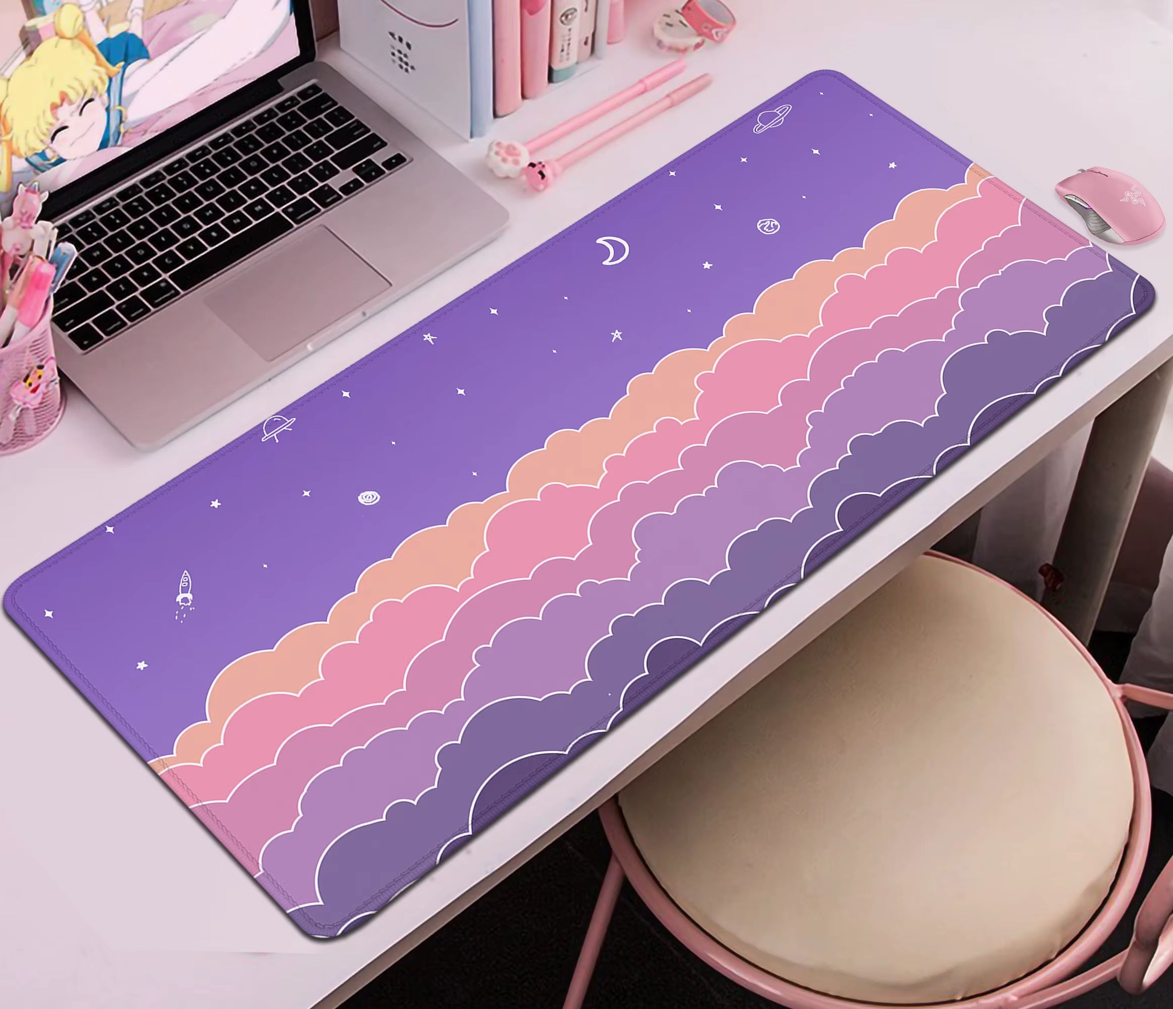 Pastel Clouds Desk Mat Kawaii Purple Mouse Pad Cute XL Desk Pad Extended Gaming Keyboard Mats Large XXL Pink Mousepad 90X40