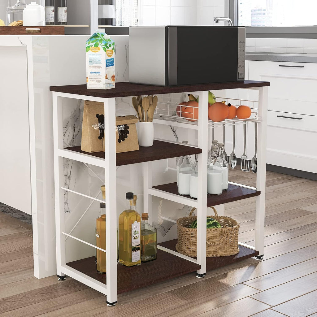 SDHYL Coffee Bar, 35 Inch Bakers Rack Microwave Stand with 5 Storage Shelves Hanging Hooks, Kitchen Shelves Organizers Bakers Racks with Movable Basket, Coffee Station Table for Home Kitchen