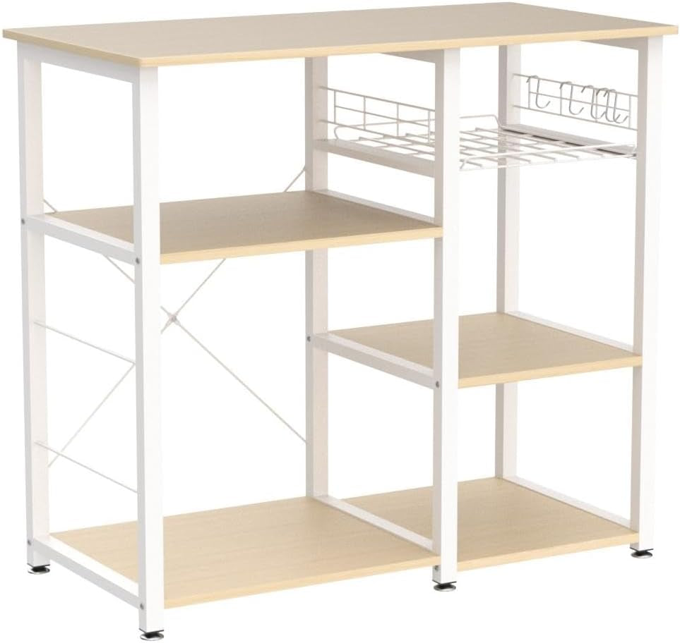 SDHYL Coffee Bar, 35 Inch Bakers Rack Microwave Stand with 5 Storage Shelves Hanging Hooks, Kitchen Shelves Organizers Bakers Racks with Movable Basket, Coffee Station Table for Home Kitchen
