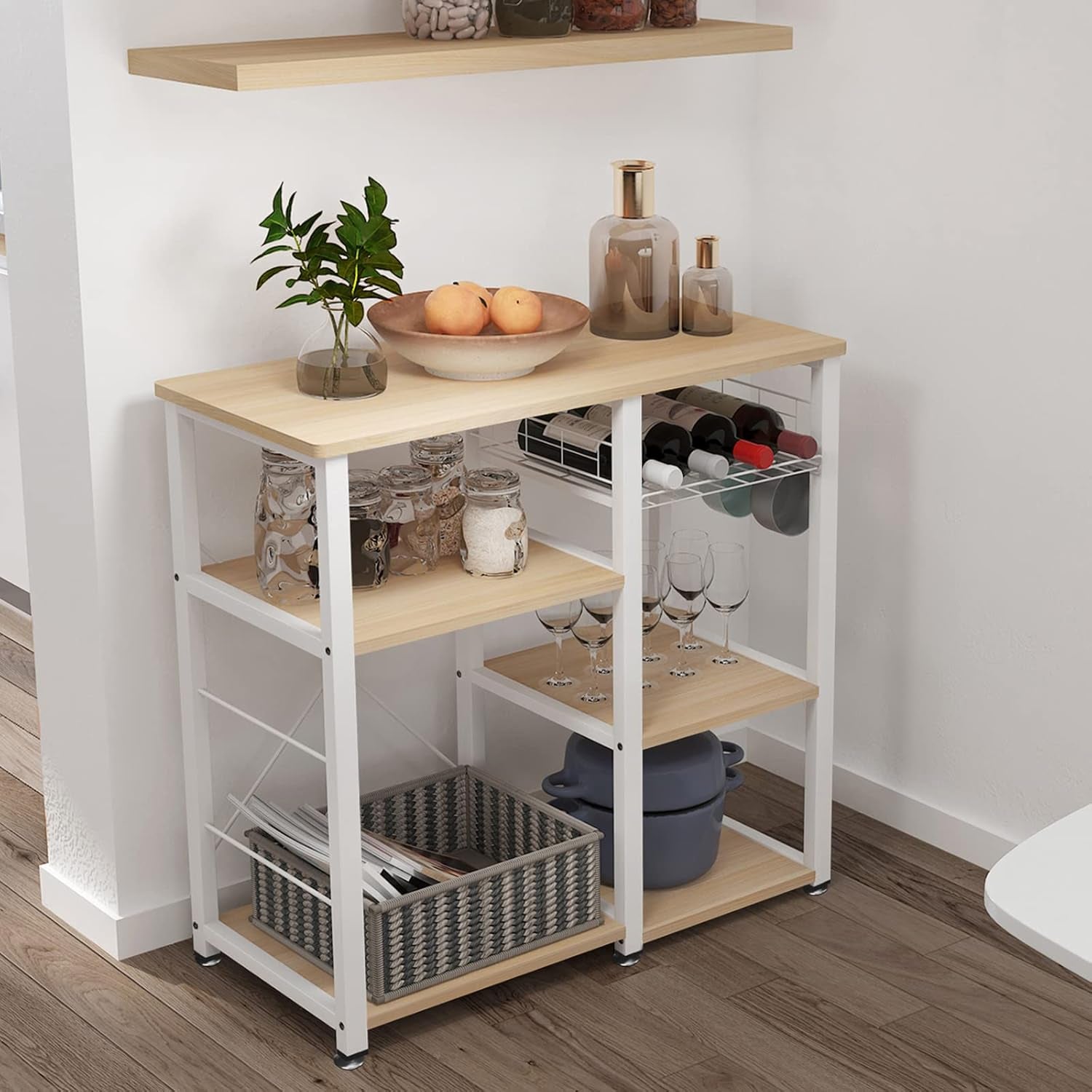 SDHYL Coffee Bar, 35 Inch Bakers Rack Microwave Stand with 5 Storage Shelves Hanging Hooks, Kitchen Shelves Organizers Bakers Racks with Movable Basket, Coffee Station Table for Home Kitchen