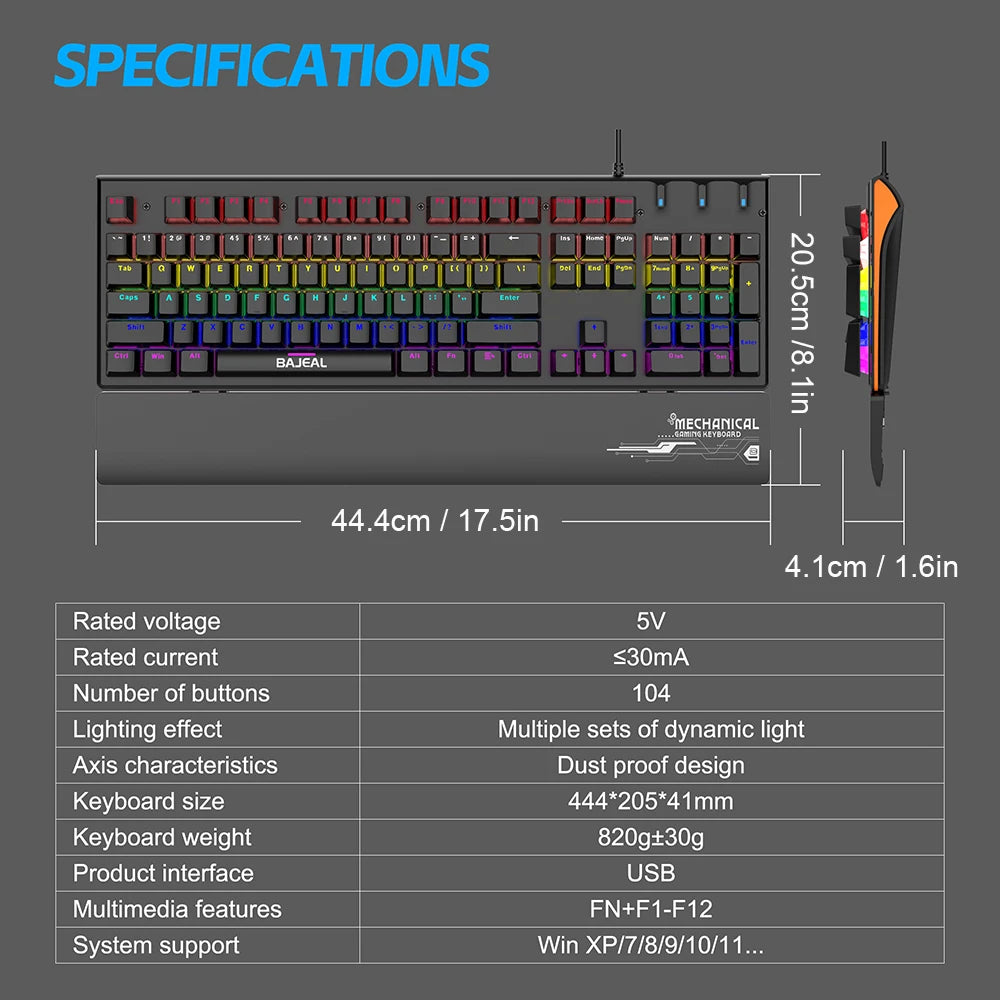 BAJEAL K600 Wired Mechanical Gaming Keyboard with Hand Rest Blue Switch Full Size 104 Keys Keyboard Dynamic Backlight for PC