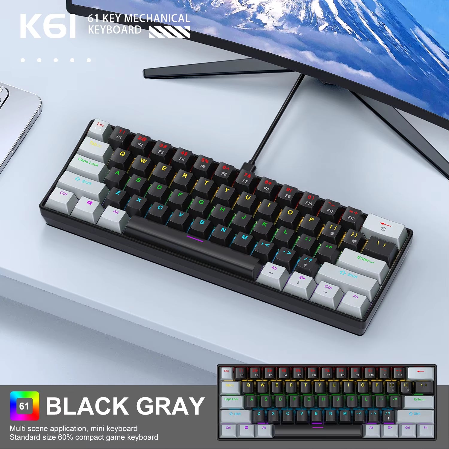 K61 Wired Portable Mechanical Keyboard, Phantom RGB Colorful, Gaming-Grade Response, Ergonomic Design, Gaming Office Usable