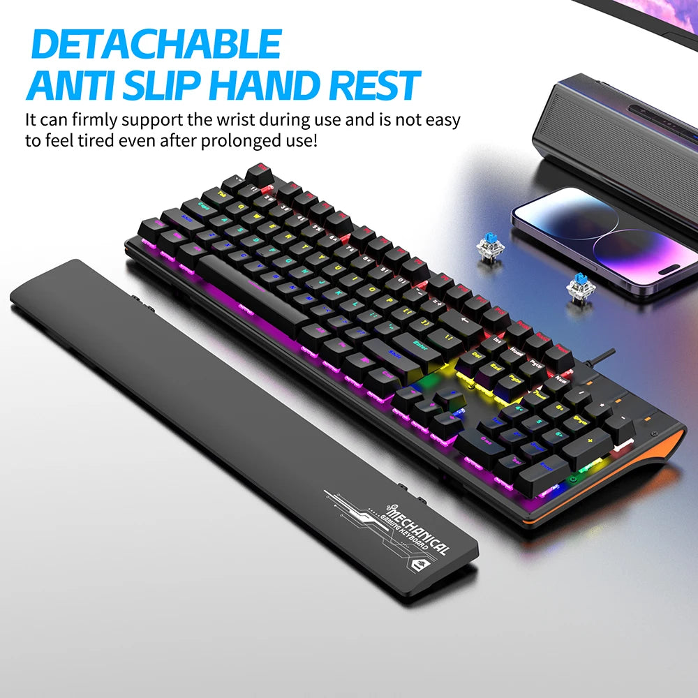 BAJEAL K600 Wired Mechanical Gaming Keyboard with Hand Rest Blue Switch Full Size 104 Keys Keyboard Dynamic Backlight for PC