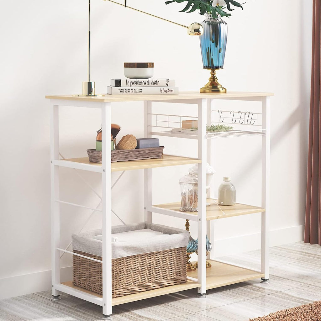 SDHYL Coffee Bar, 35 Inch Bakers Rack Microwave Stand with 5 Storage Shelves Hanging Hooks, Kitchen Shelves Organizers Bakers Racks with Movable Basket, Coffee Station Table for Home Kitchen