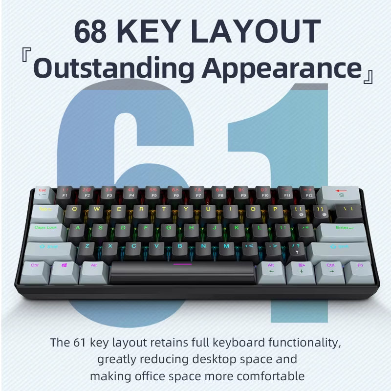 K61 Wired Portable Mechanical Keyboard, Phantom RGB Colorful, Gaming-Grade Response, Ergonomic Design, Gaming Office Usable