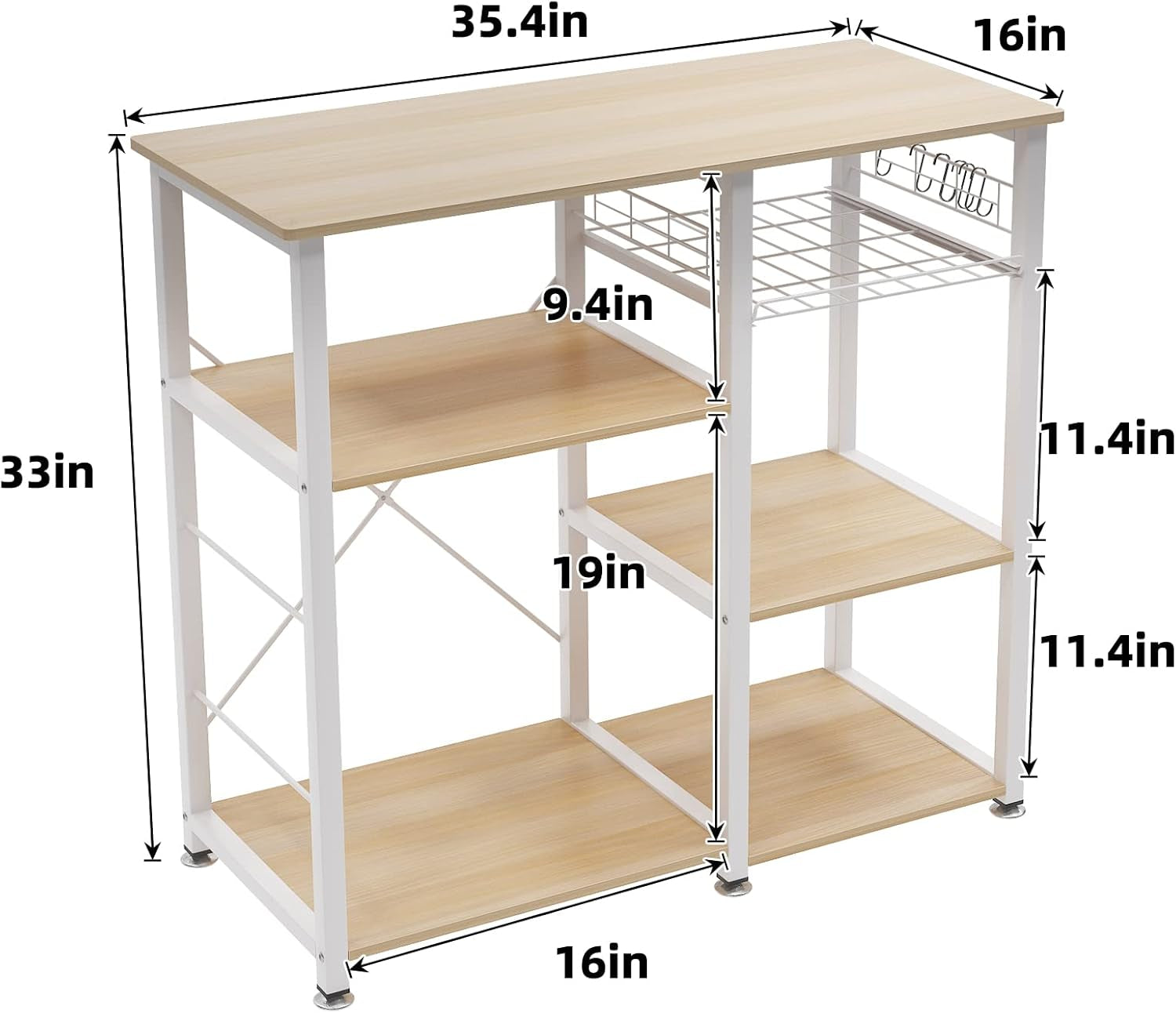 SDHYL Coffee Bar, 35 Inch Bakers Rack Microwave Stand with 5 Storage Shelves Hanging Hooks, Kitchen Shelves Organizers Bakers Racks with Movable Basket, Coffee Station Table for Home Kitchen