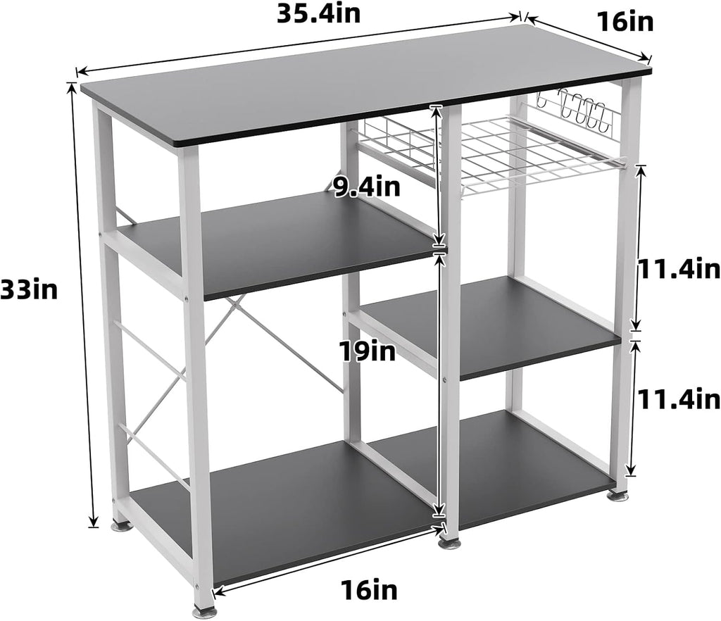 SDHYL Coffee Bar, 35 Inch Bakers Rack Microwave Stand with 5 Storage Shelves Hanging Hooks, Kitchen Shelves Organizers Bakers Racks with Movable Basket, Coffee Station Table for Home Kitchen