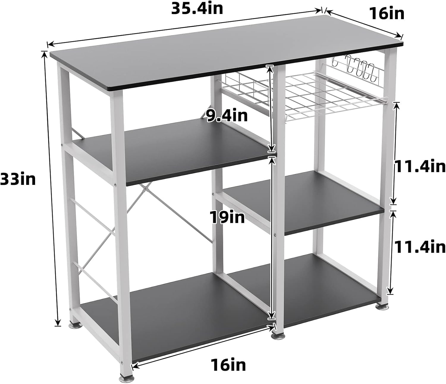 SDHYL Coffee Bar, 35 Inch Bakers Rack Microwave Stand with 5 Storage Shelves Hanging Hooks, Kitchen Shelves Organizers Bakers Racks with Movable Basket, Coffee Station Table for Home Kitchen