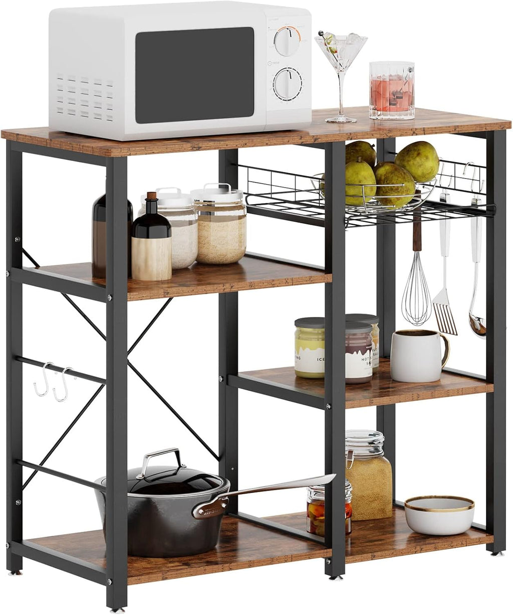 SDHYL Coffee Bar, 35 Inch Bakers Rack Microwave Stand with 5 Storage Shelves Hanging Hooks, Kitchen Shelves Organizers Bakers Racks with Movable Basket, Coffee Station Table for Home Kitchen