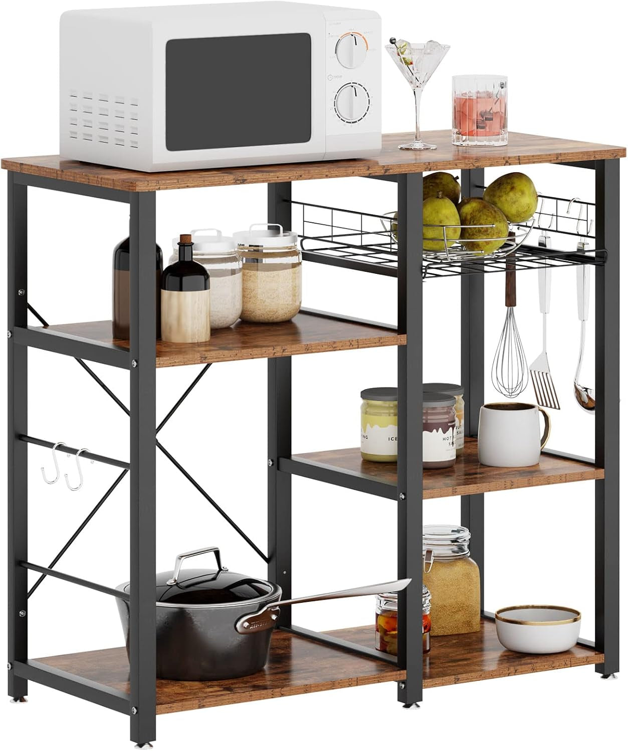 SDHYL Coffee Bar, 35 Inch Bakers Rack Microwave Stand with 5 Storage Shelves Hanging Hooks, Kitchen Shelves Organizers Bakers Racks with Movable Basket, Coffee Station Table for Home Kitchen