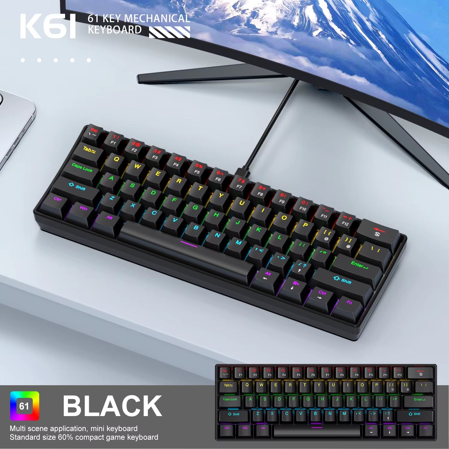 K61 Wired Portable Mechanical Keyboard, Phantom RGB Colorful, Gaming-Grade Response, Ergonomic Design, Gaming Office Usable