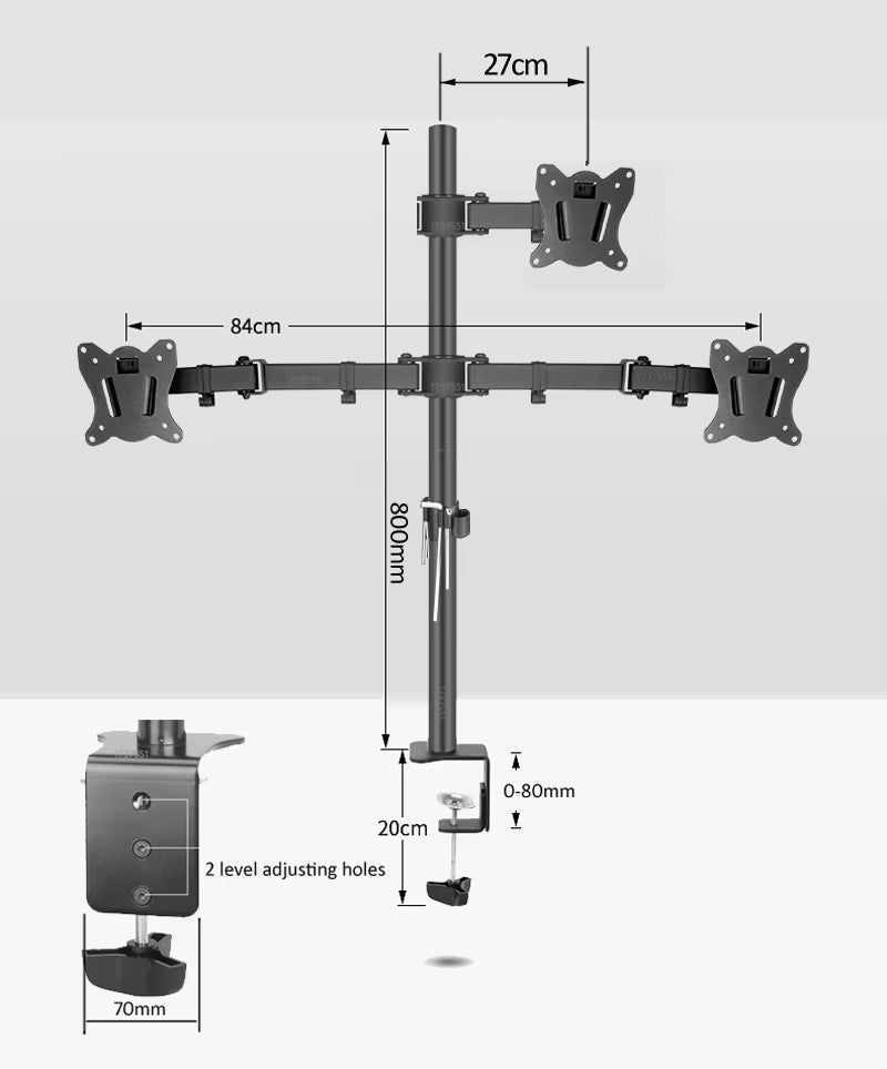 T902-K3 Desktop Clamping Full Motion 360 Degree Dual Monitor Holder 10"-27"Clamp Base Monitor Mount Arm Loading 10Kgs PC Stand