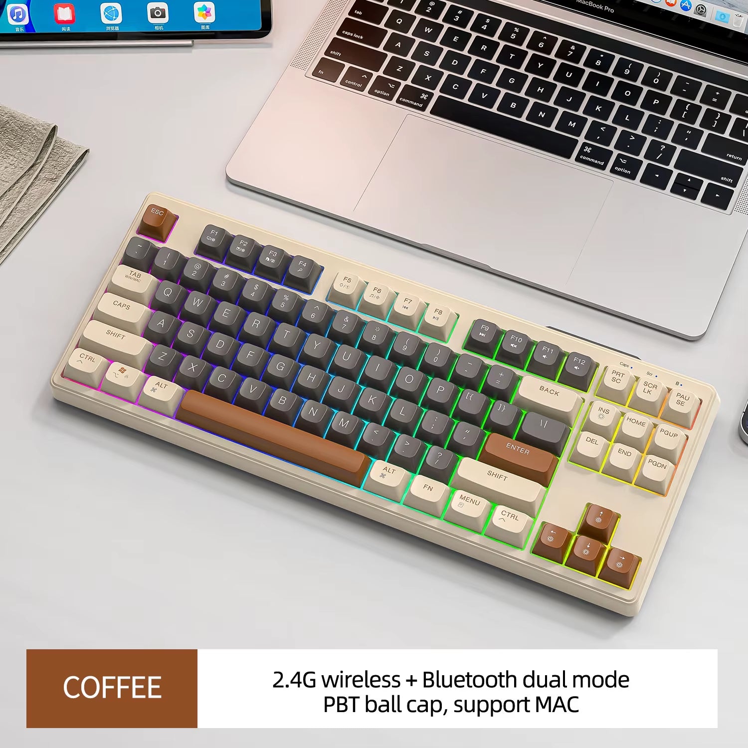 M87 Bluetooth Gaming Keyboard, 2.4G Dual Mode Connection, PBT Ball Cap, Rainbow Light, Suitable for Computers, Laptops, and Mac