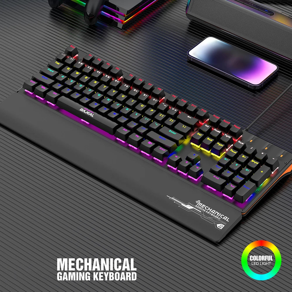 BAJEAL K600 Wired Mechanical Gaming Keyboard with Hand Rest Blue Switch Full Size 104 Keys Keyboard Dynamic Backlight for PC